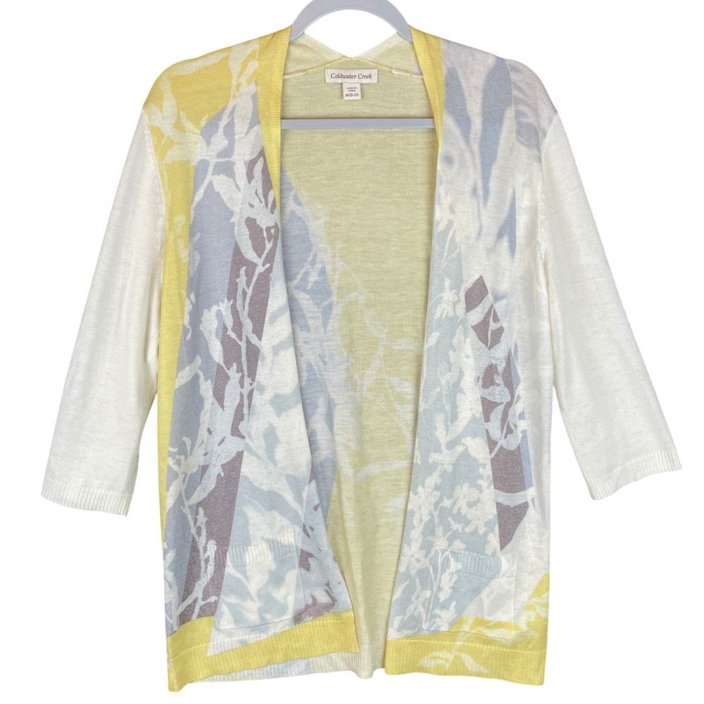 Coldwater Creek Yellow Blue Floral Open Front Cardigan Silk Blend Medium 10-12